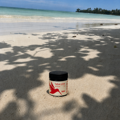 Salud Tallow Crème op het strand – huidverzorging voor onderweg, vrij van hormoonverstorende stoffen